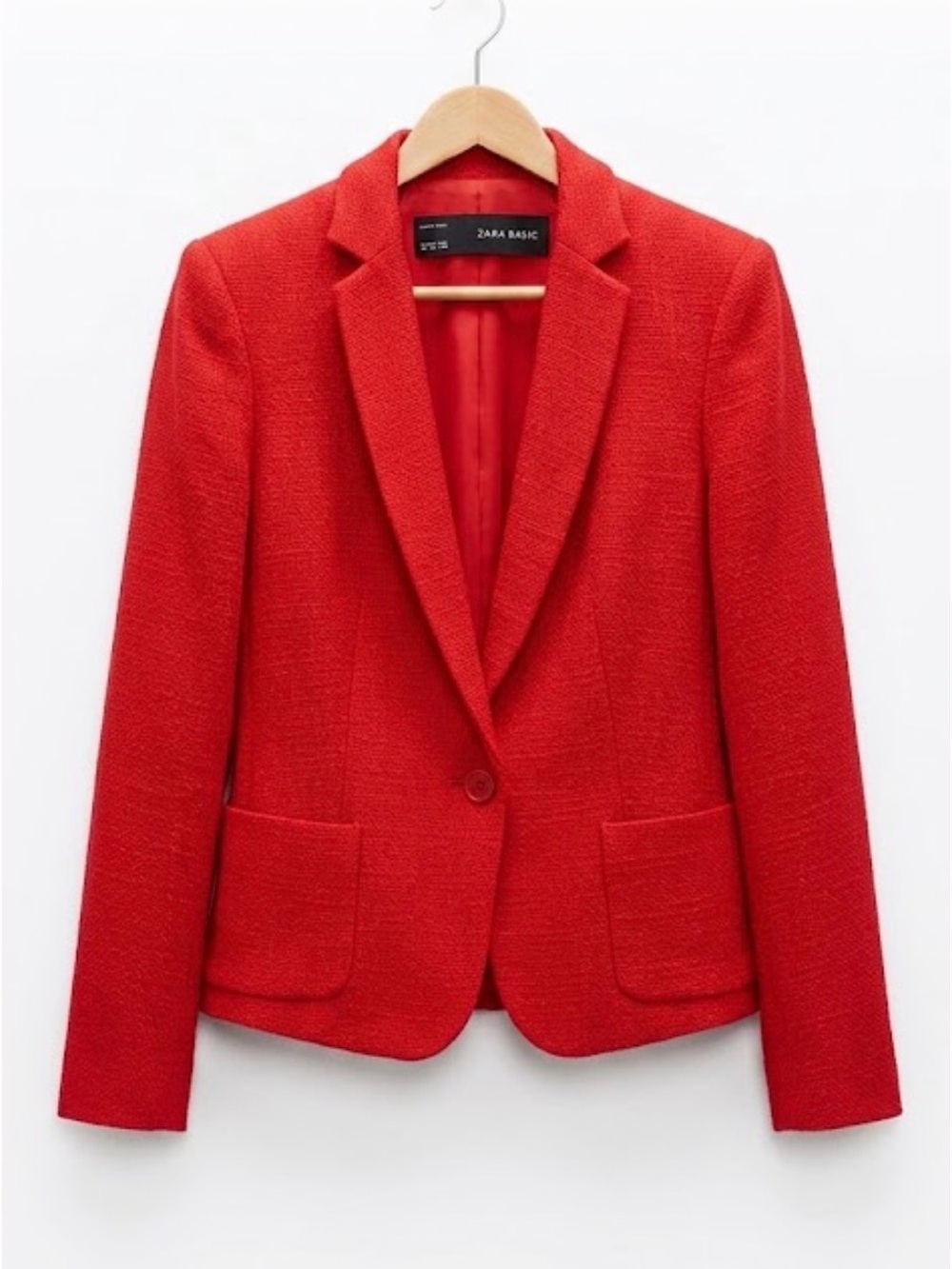 Zara Poppy Red Textured Single-Button Blazer
